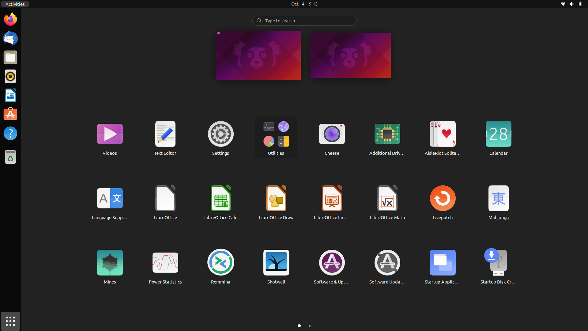 Ubuntu desktop screenshot: 21.10 application list