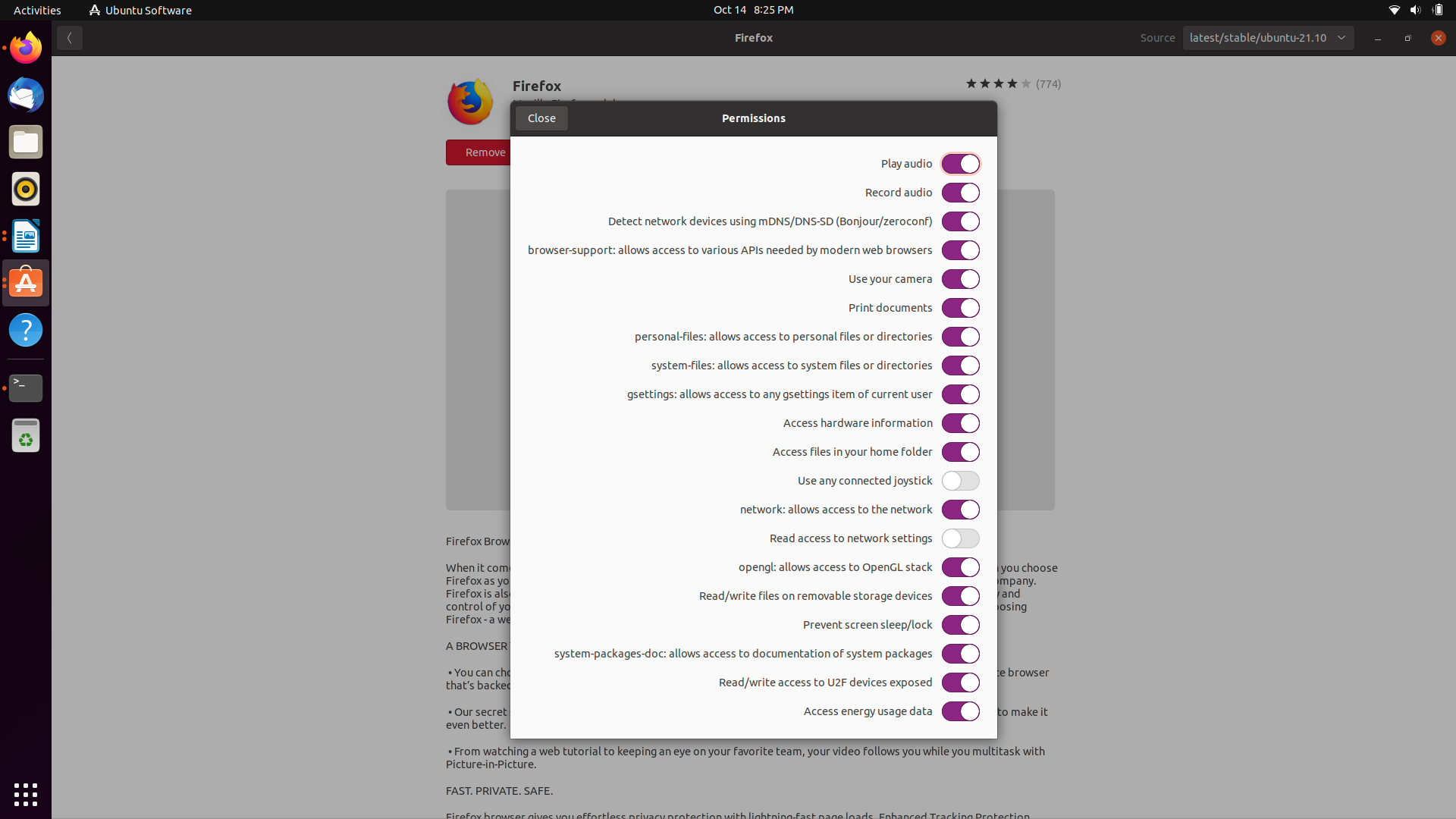 Ubuntu desktop screenshot: 21.10 firefox snap permissions