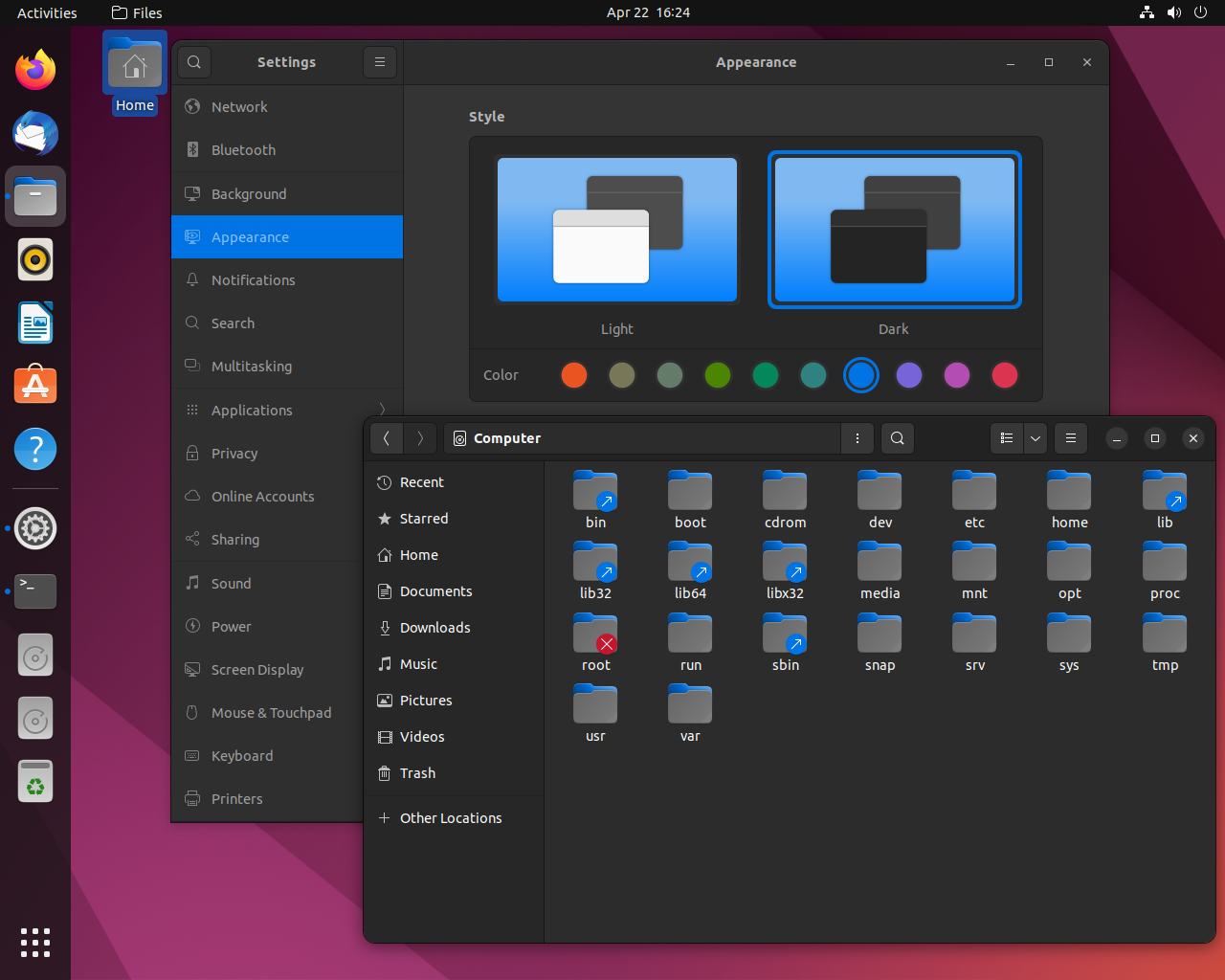 Ubuntu desktop screenshot: 22.04 dark