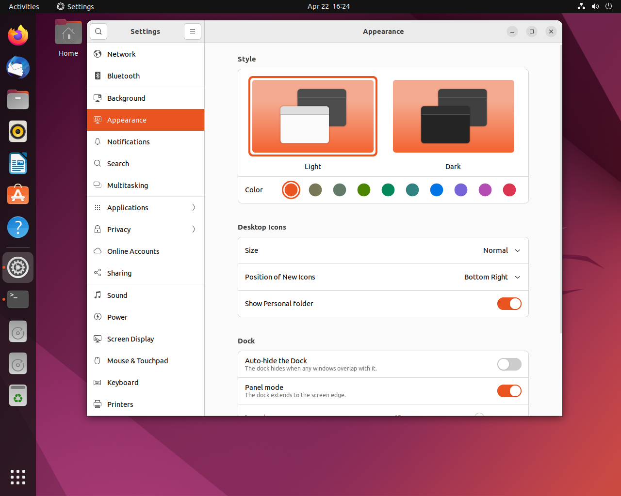 Ubuntu desktop screenshot: 22.04 settings