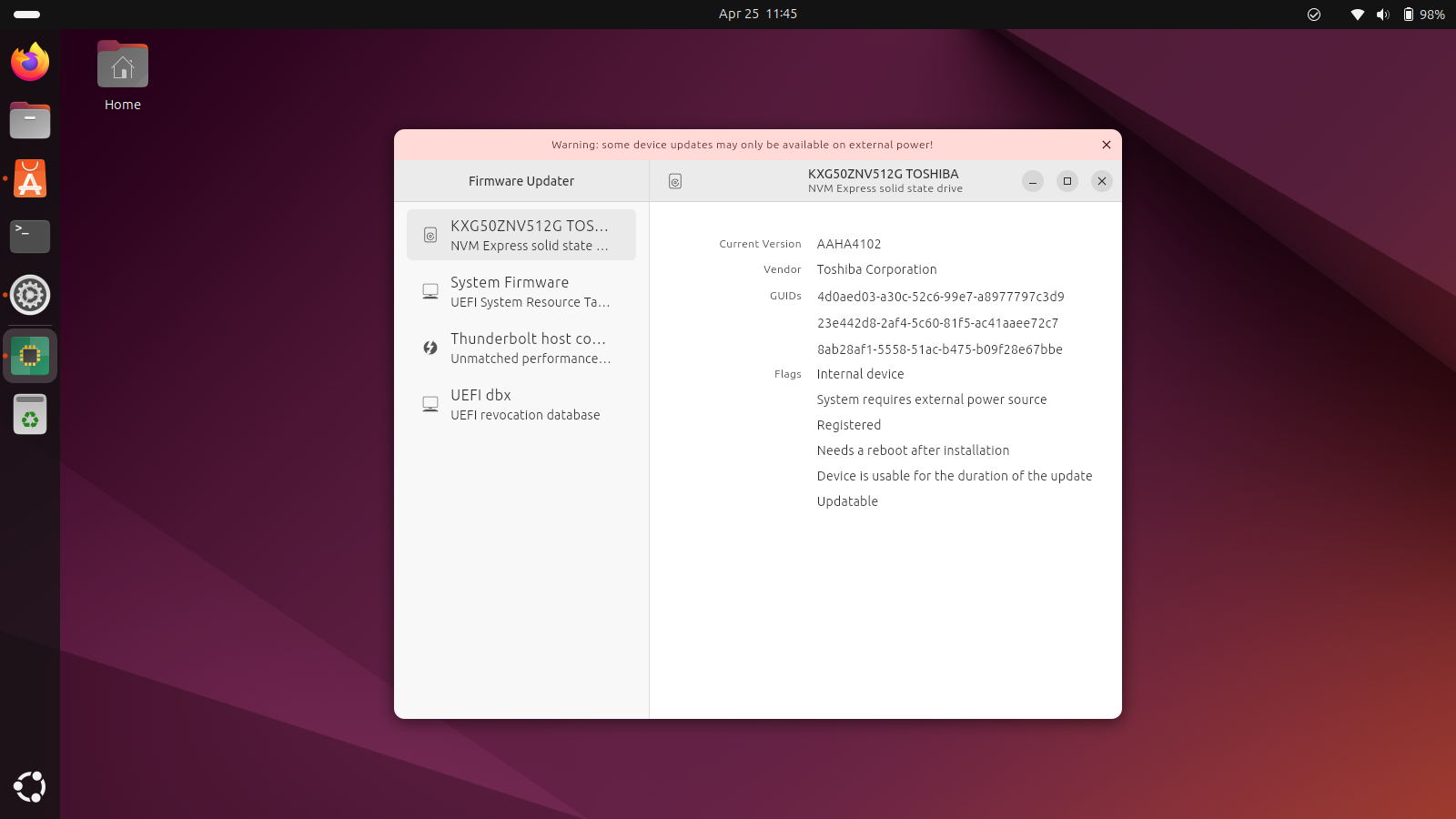 Ubuntu desktop screenshot: 24.04 firmware