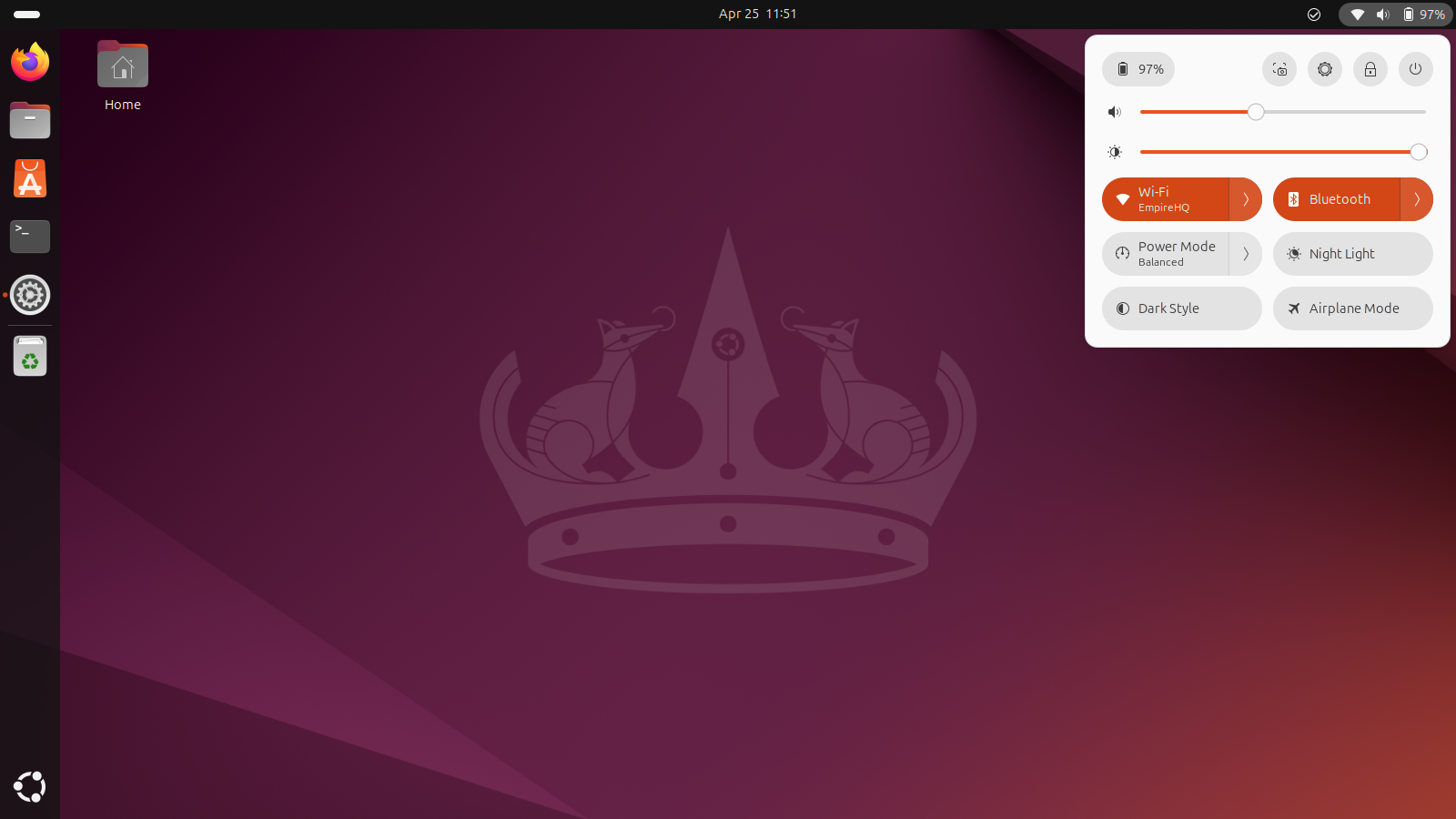 Ubuntu desktop screenshot: 24.04 quicksettings