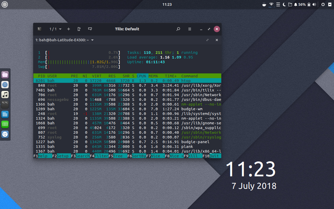 Ubuntu Budgie desktop screenshot: 18.04 htop