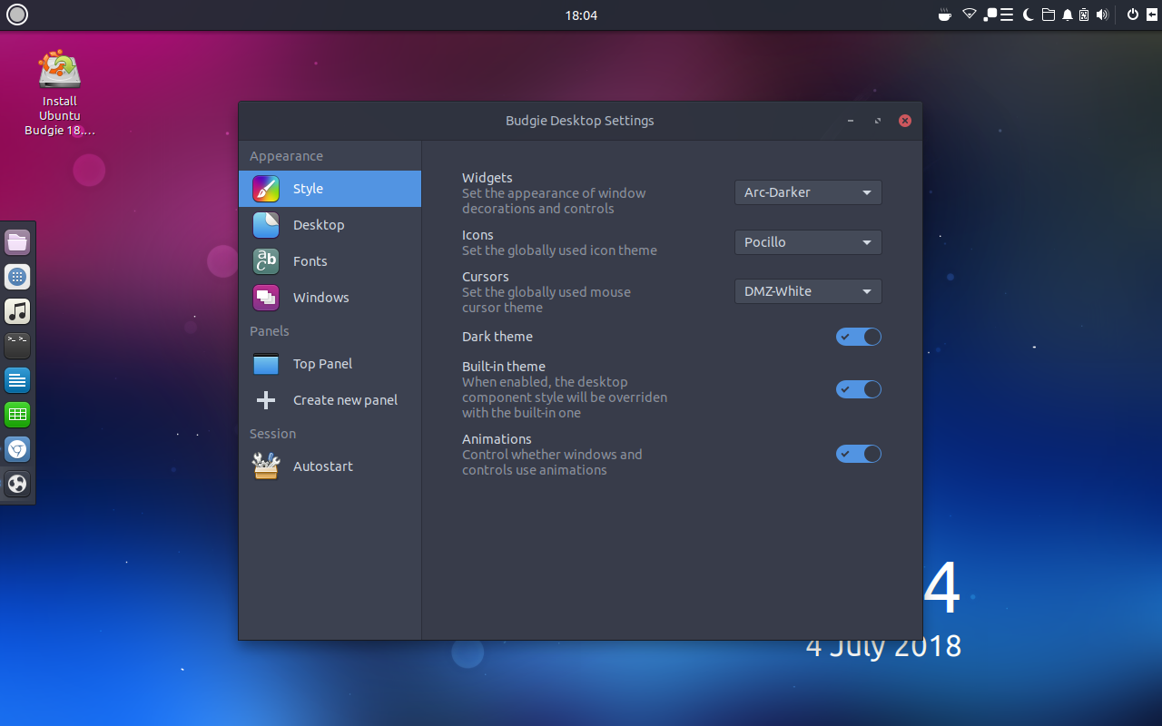 Ubuntu Budgie desktop screenshot: 18.04 settings
