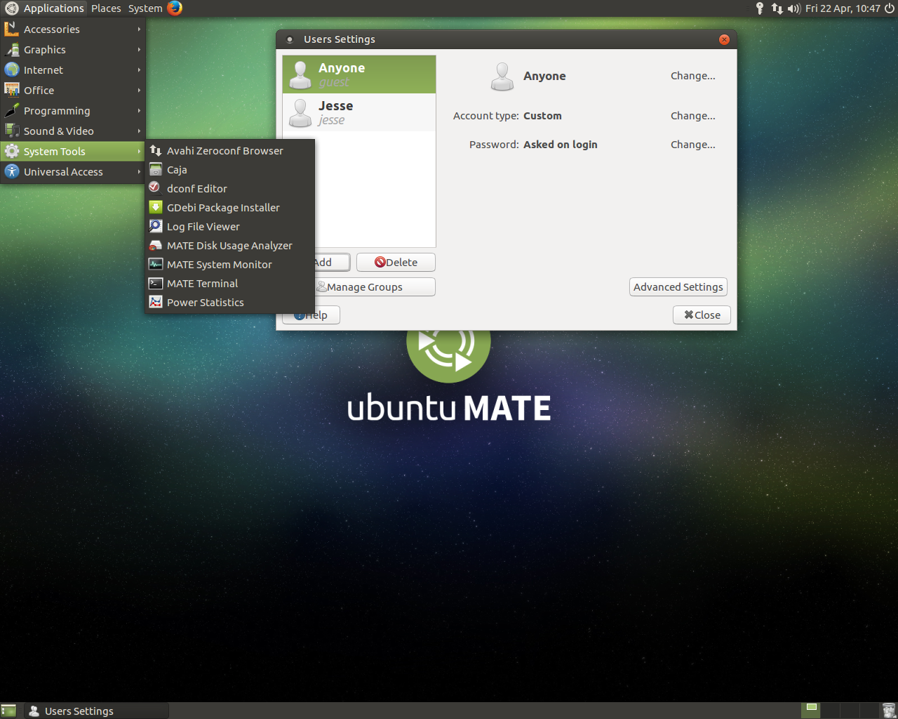 Ubuntu MATE desktop screenshot: 16.04 menu