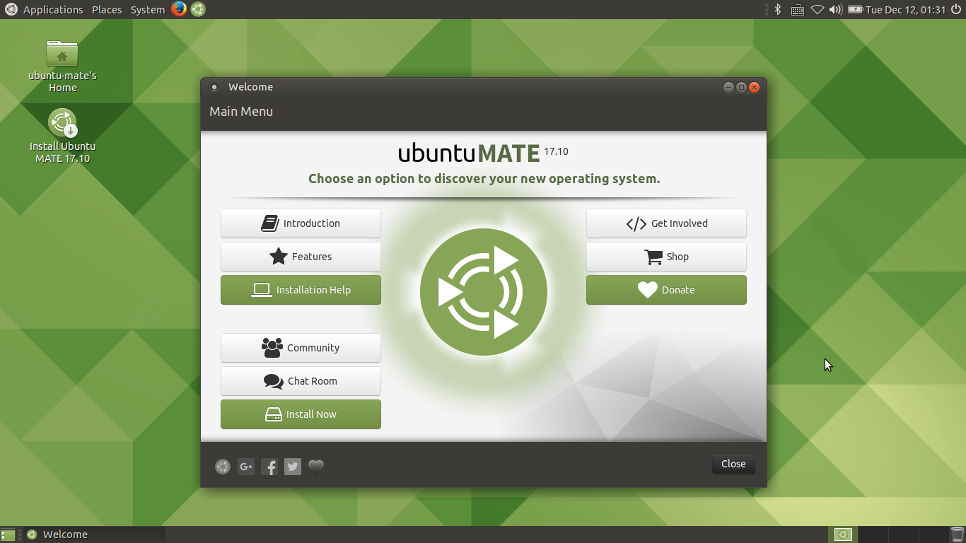 Ubuntu MATE desktop screenshot: 17.10 welcome