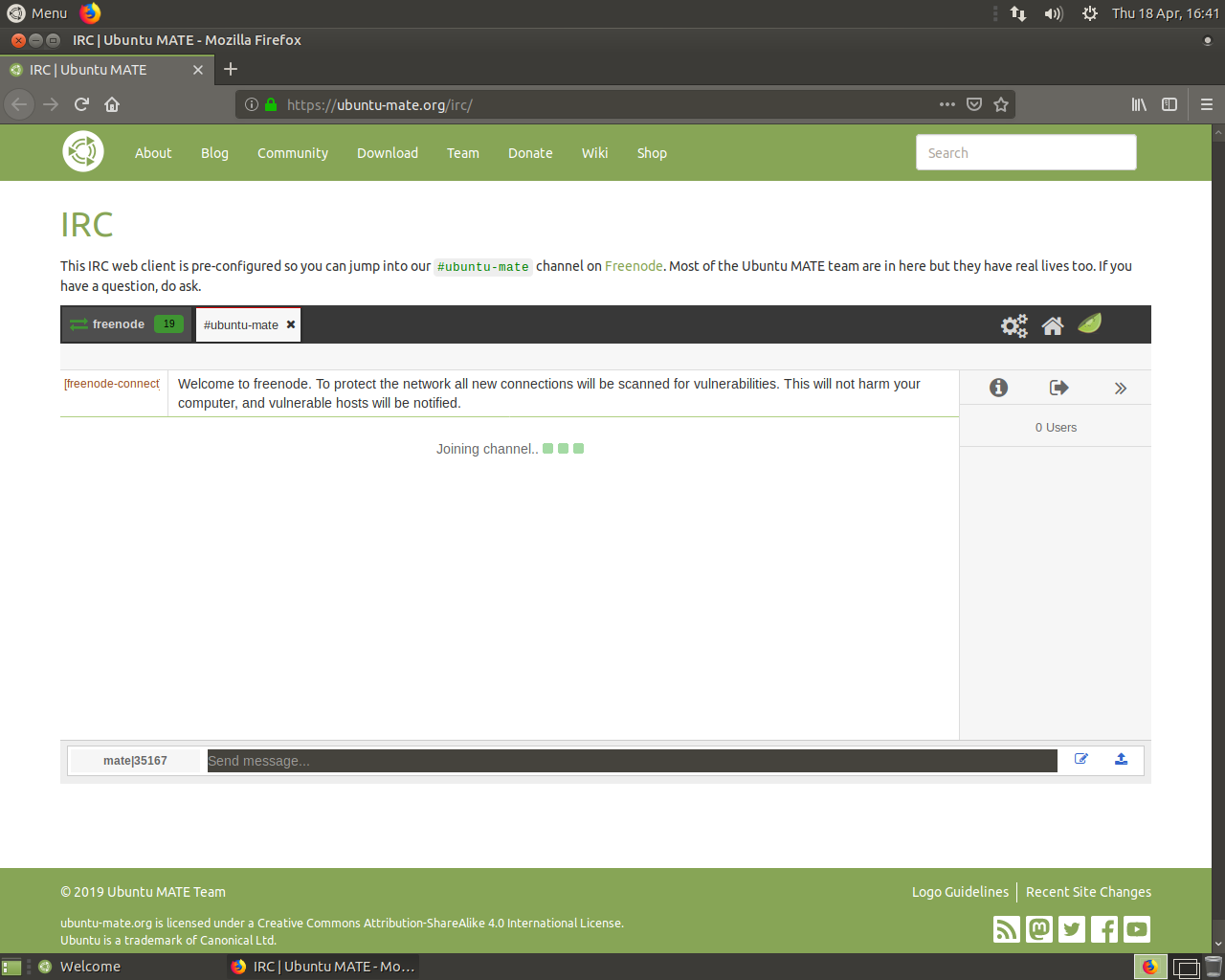 Ubuntu MATE desktop screenshot: 19.04 kiwiirc