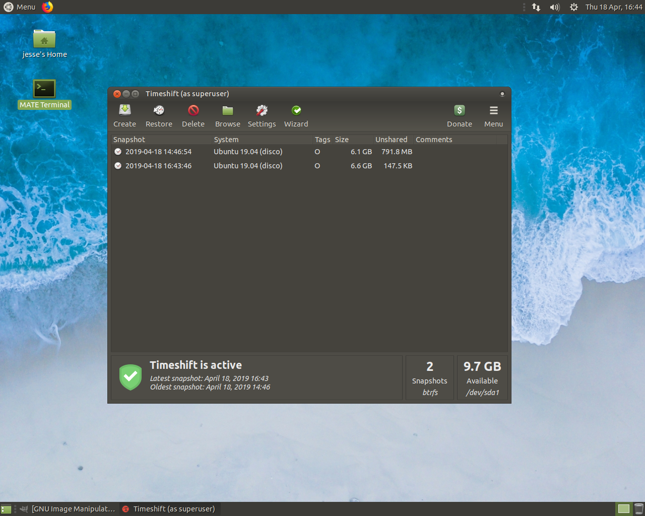 Ubuntu MATE desktop screenshot: 19.04 timeshift