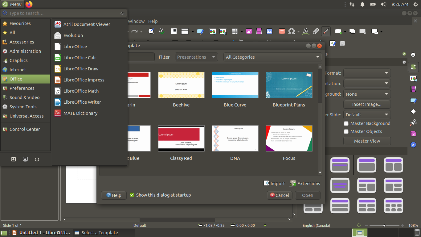 Ubuntu MATE desktop screenshot: 21.04 menu office