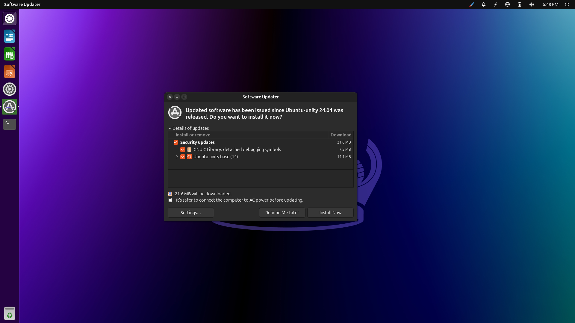Ubuntu Unity desktop screenshot: 24.04 updates