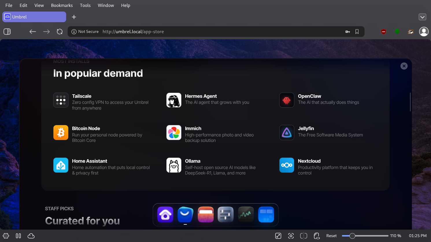 umbrelOS desktop screenshot: 1.7.4 app centre