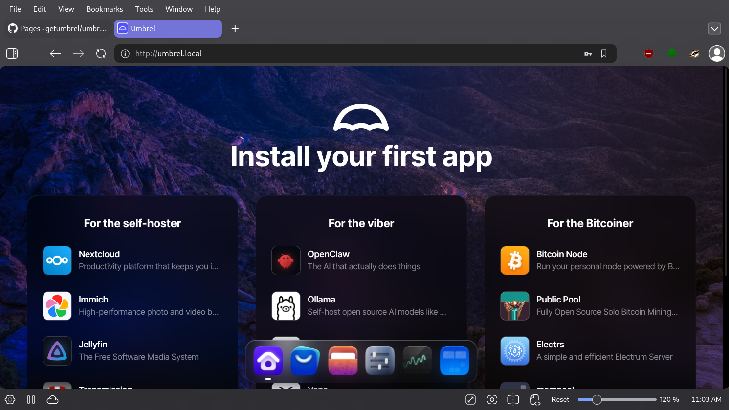 umbrelOS desktop screenshot: 1.7.4 first app