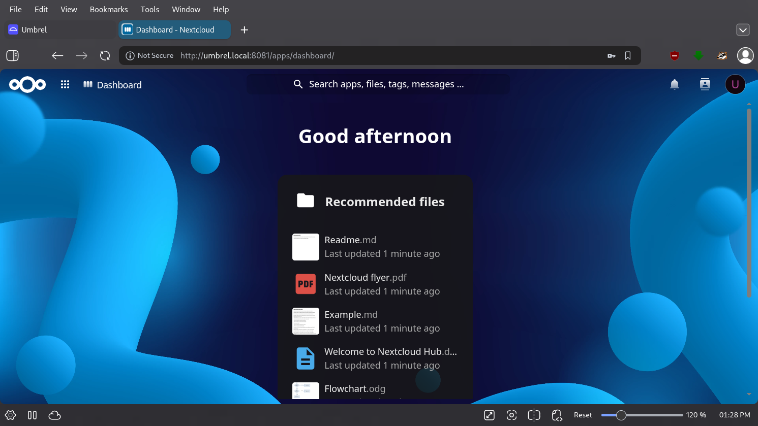 umbrelOS desktop screenshot: 1.7.4 nextcloud