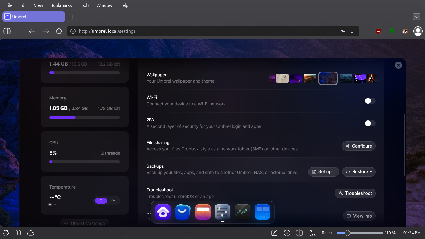umbrelOS desktop screenshot: 1.7.4 settings