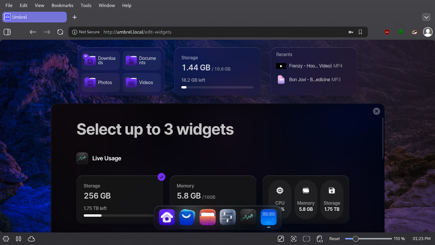 umbrelOS desktop screenshot: 1.7.4 widgets