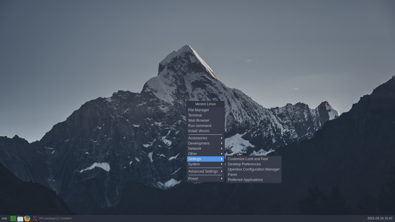 Venom desktop screenshot: 20210312 menu