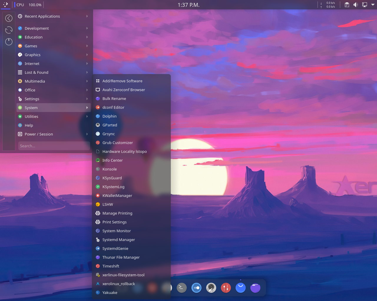XeroLinux desktop screenshot: 2022 menu