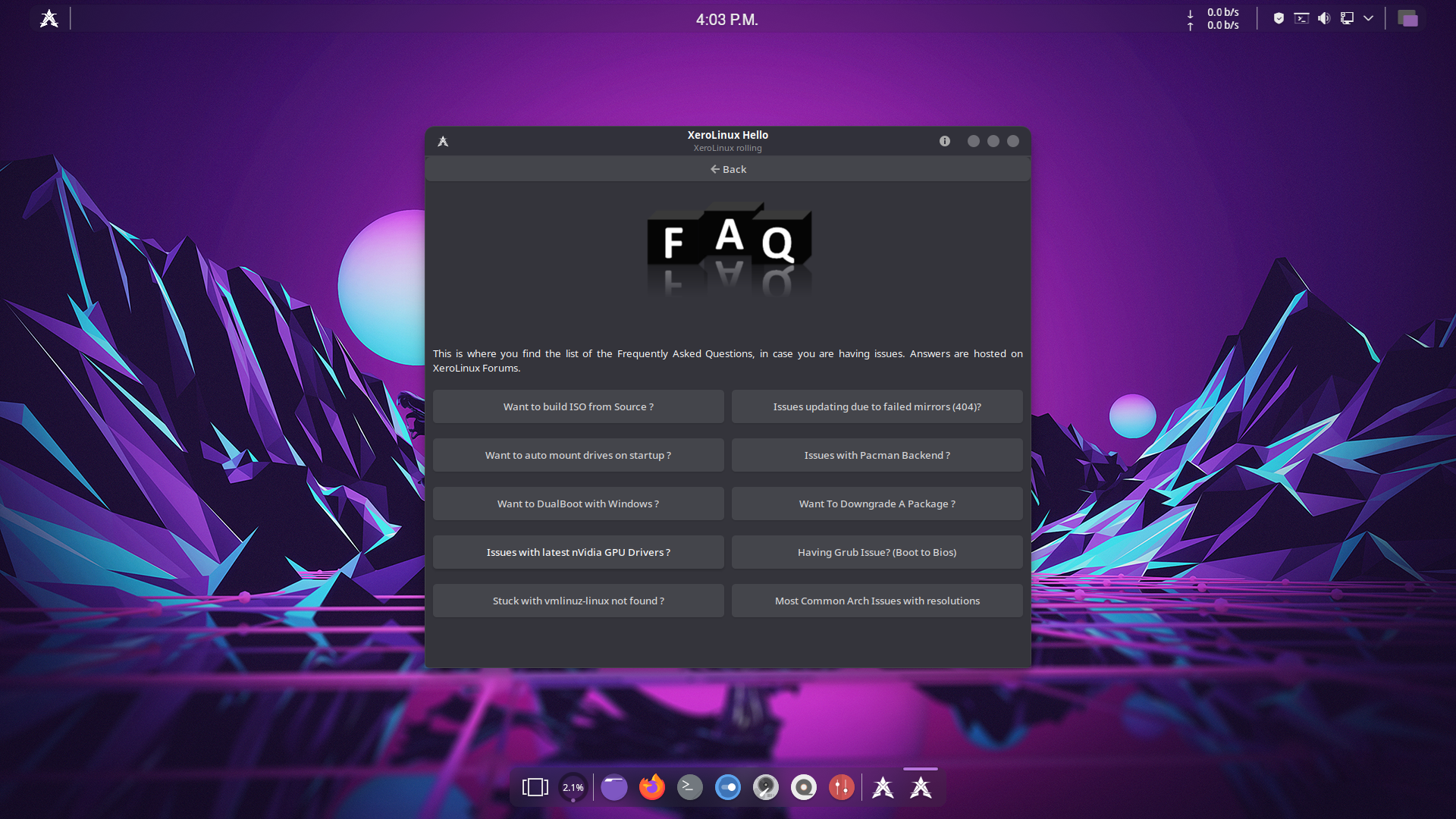 XeroLinux desktop screenshot: 2022.09 faq