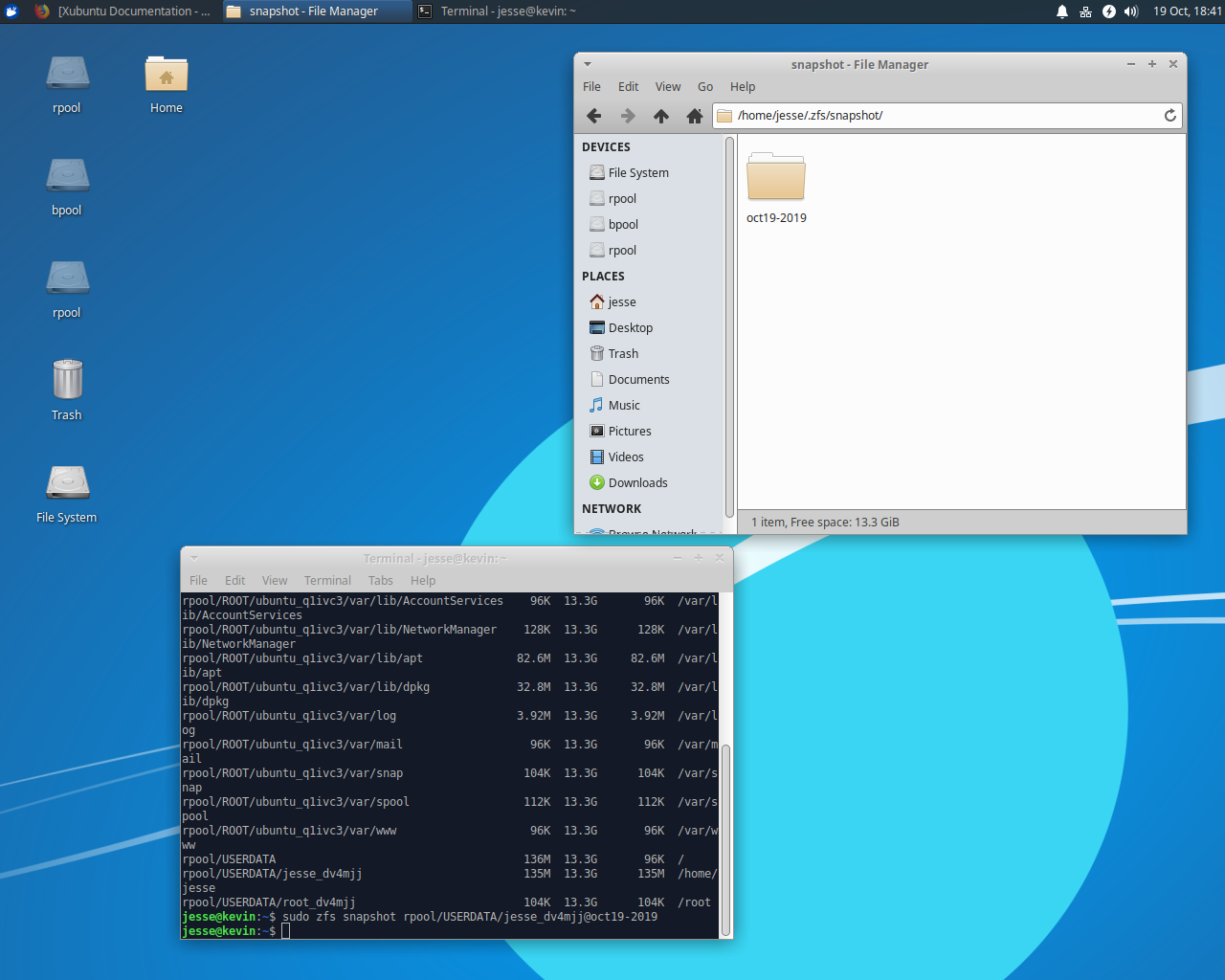 Xubuntu desktop screenshot: 19.10 zfs