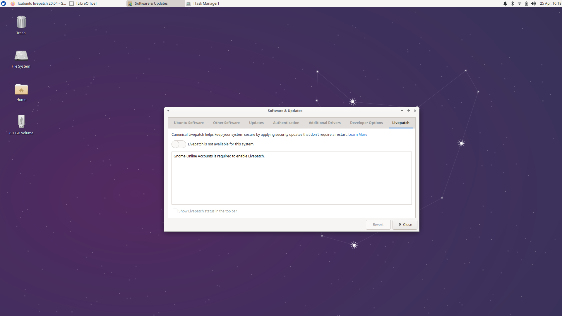 Xubuntu desktop screenshot: 20.04 livepatch
