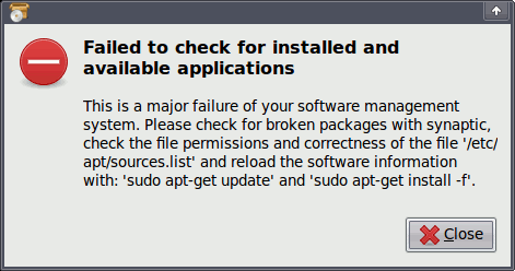 Xubuntu desktop screenshot: 9.04 packager error