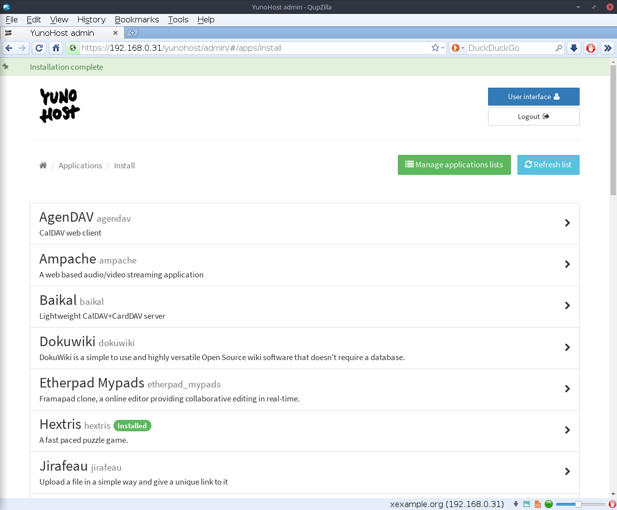 YunoHost desktop screenshot: 3.0.0.1 apps