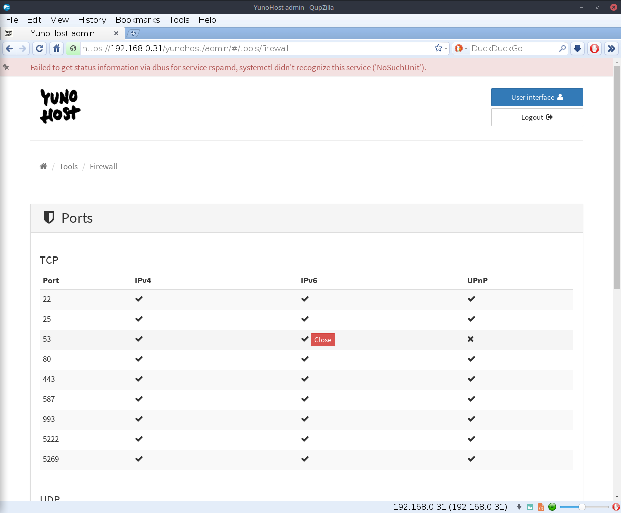 YunoHost desktop screenshot: 3.0.0.1 firewall