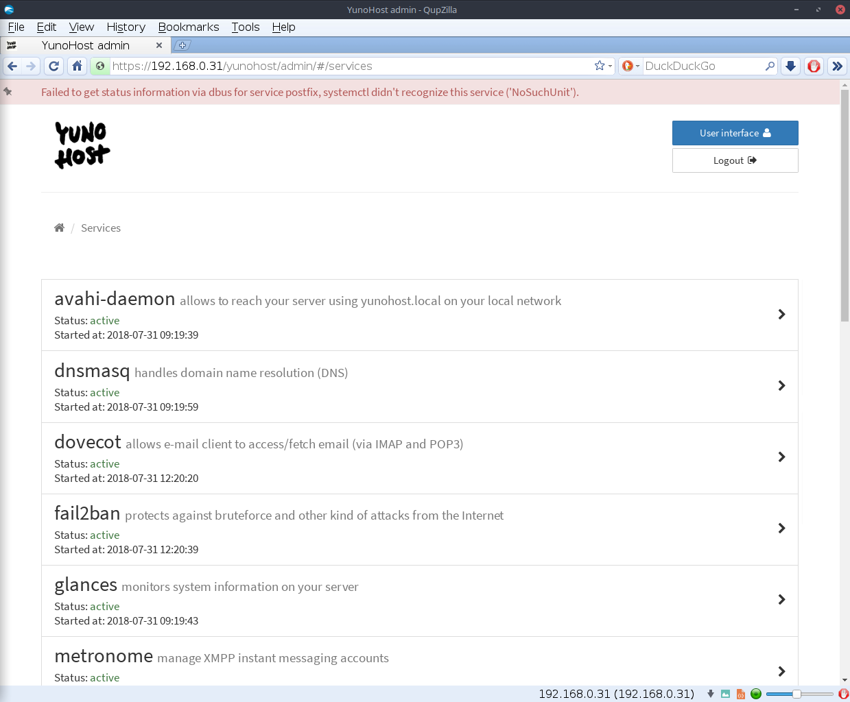 YunoHost desktop screenshot: 3.0.0.1 services