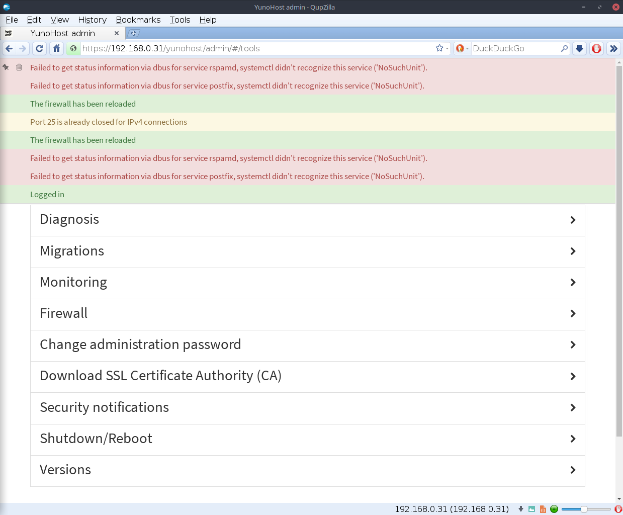 YunoHost desktop screenshot: 3.0.0.1 tools