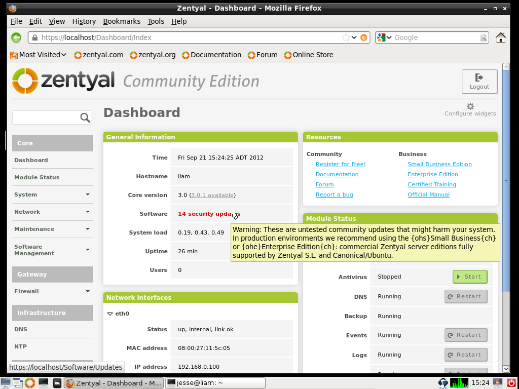 Zentyal desktop screenshot: 3.0 dashboard
