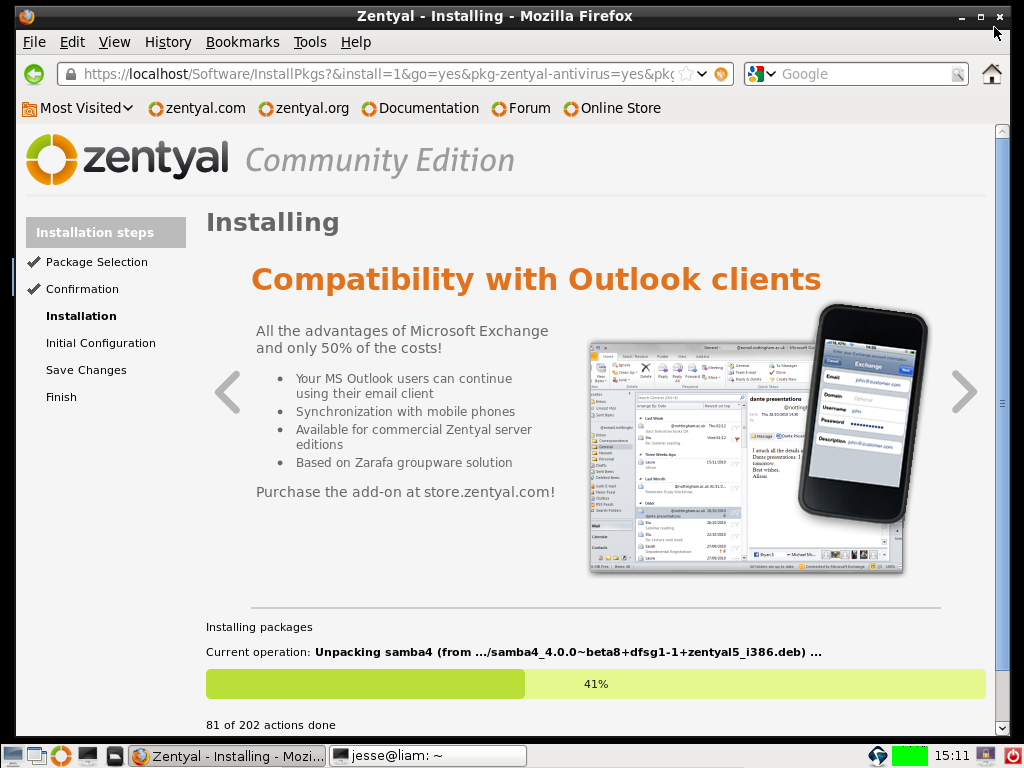 Zentyal desktop screenshot: 3.0 installing