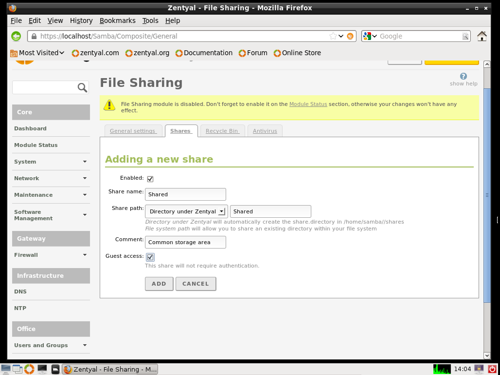 Zentyal desktop screenshot: 3.0 shares