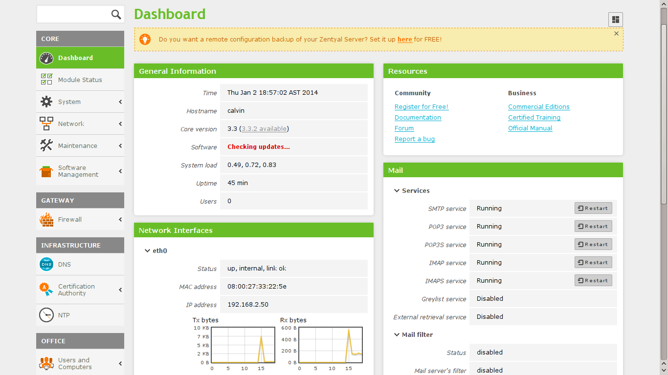 Zentyal desktop screenshot: 3.3 dashboard