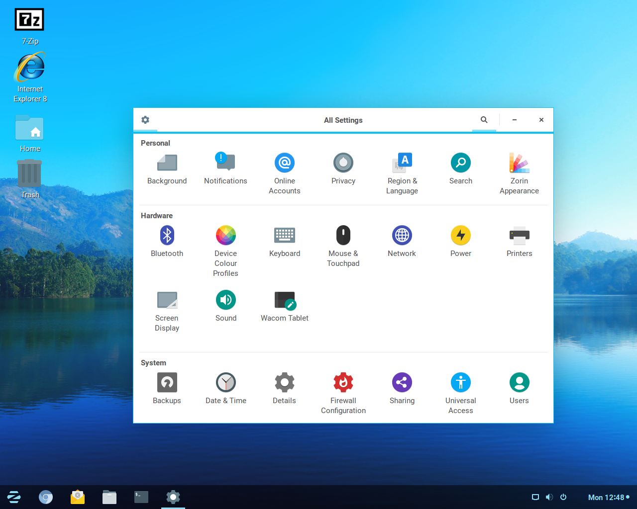 Zorin desktop screenshot: 12 settings