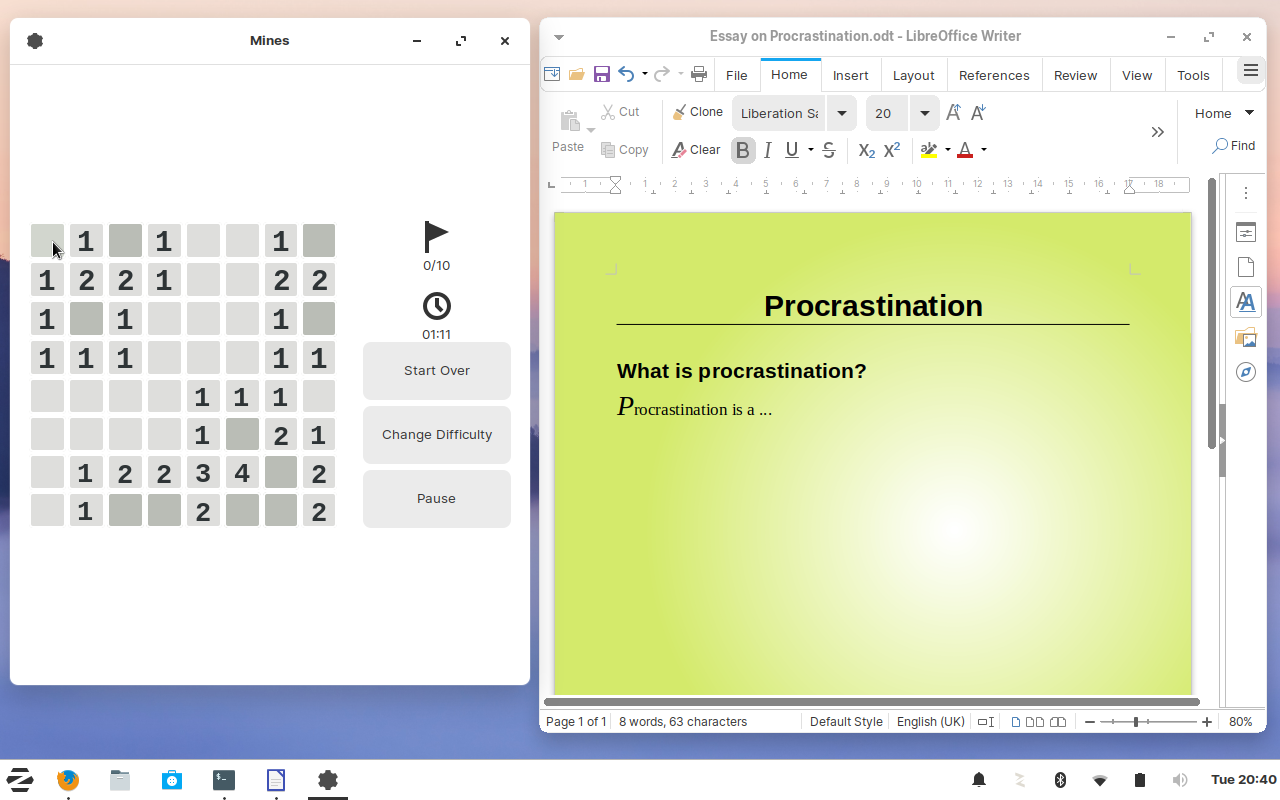 Zorin desktop screenshot: 15.1 libreoffice and mines