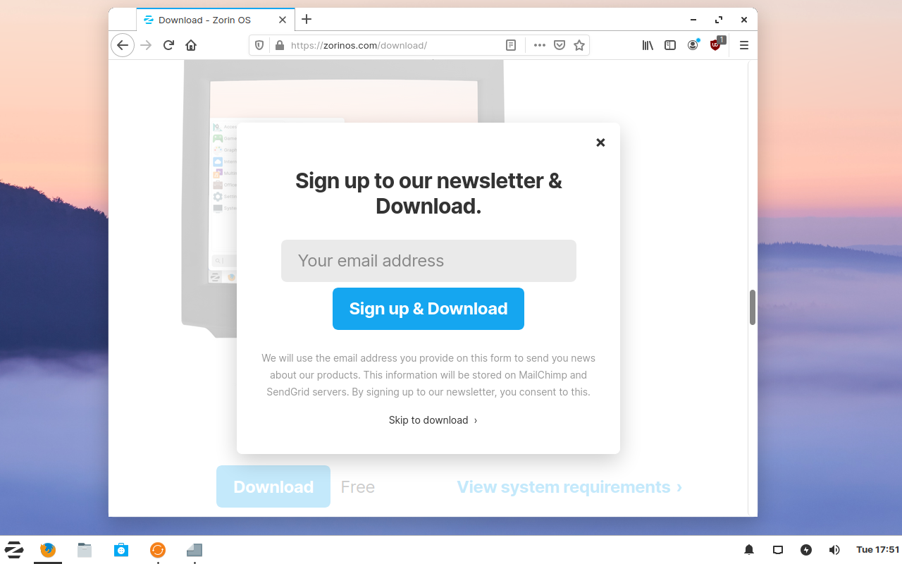 Zorin desktop screenshot: 15.1 zorin download pop up