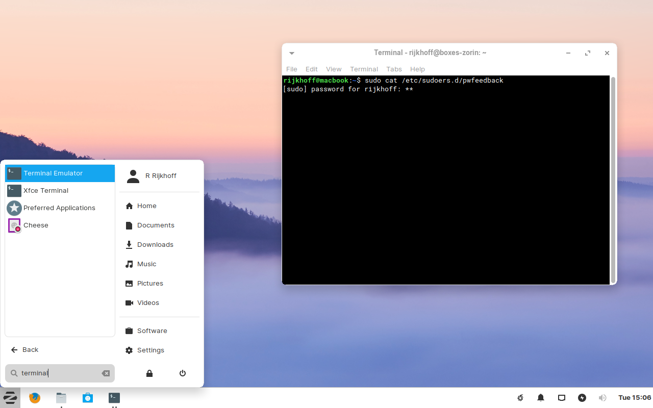 Zorin desktop screenshot: 15.1 zorin menu and pwfeedback