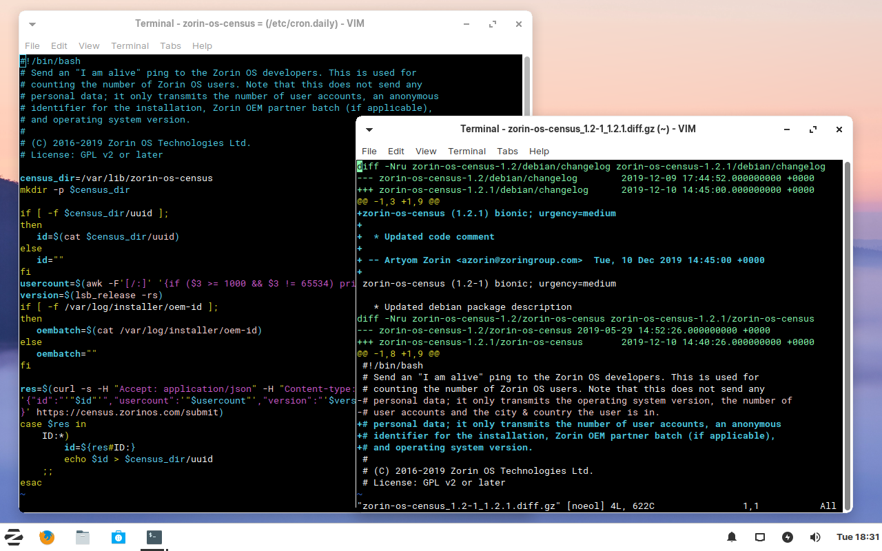 Zorin desktop screenshot: 15.1 zorin os census diff