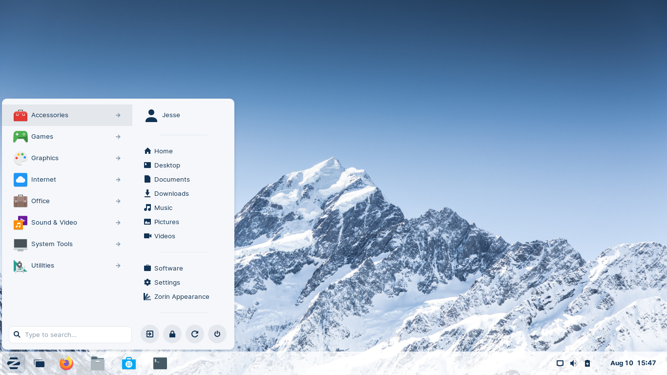 Zorin desktop screenshot: 16 menu