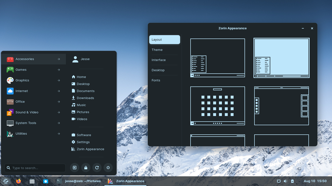 Zorin desktop screenshot: 16 theme